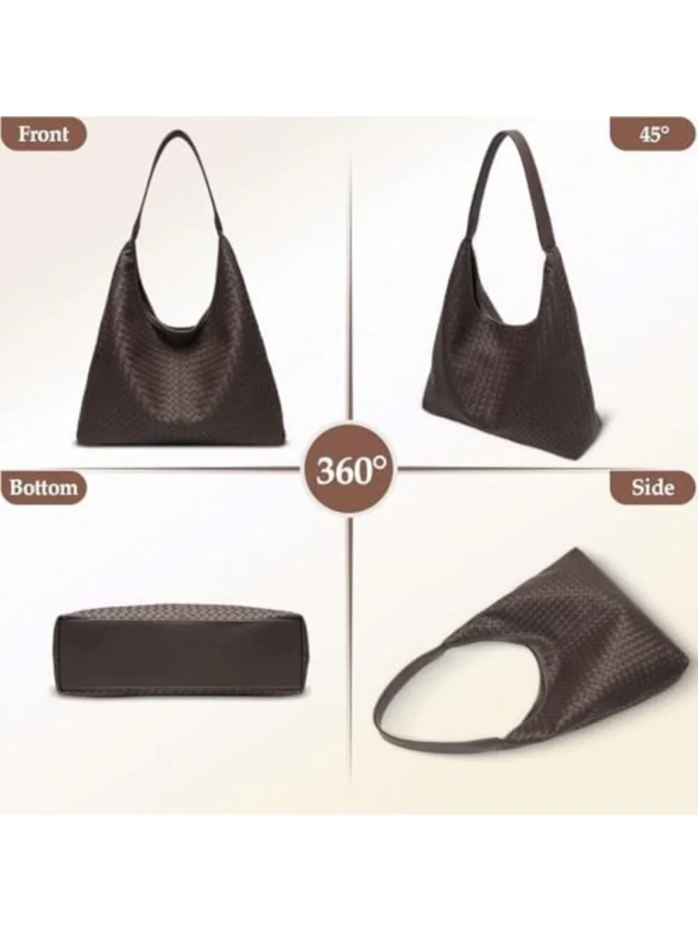 Large Slouchy Vegan Leather Hobo Tote Bag - Woven Textured Purse for Women